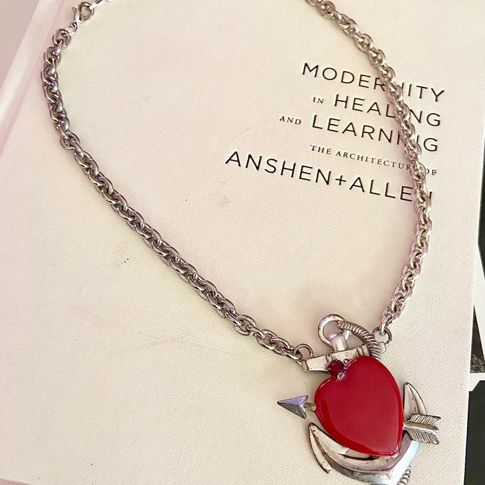 Silver and Red Heart Anchor Arrow Pendant Necklace 17”